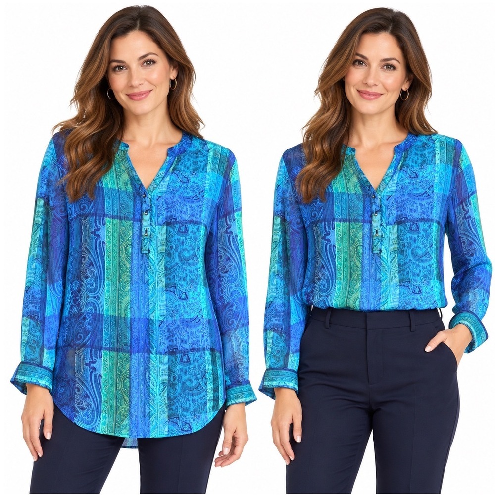 Liz Claiborne  XL Blue Green Paisley Semi Sheer Henley Long Sleeve Blouse Top